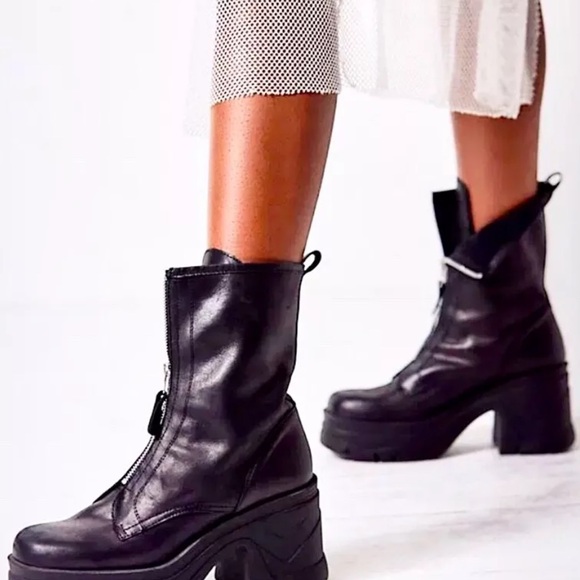 Free People Myles Zip Front Boot Chunky Platform Black Leather - Picture 11 of 12
